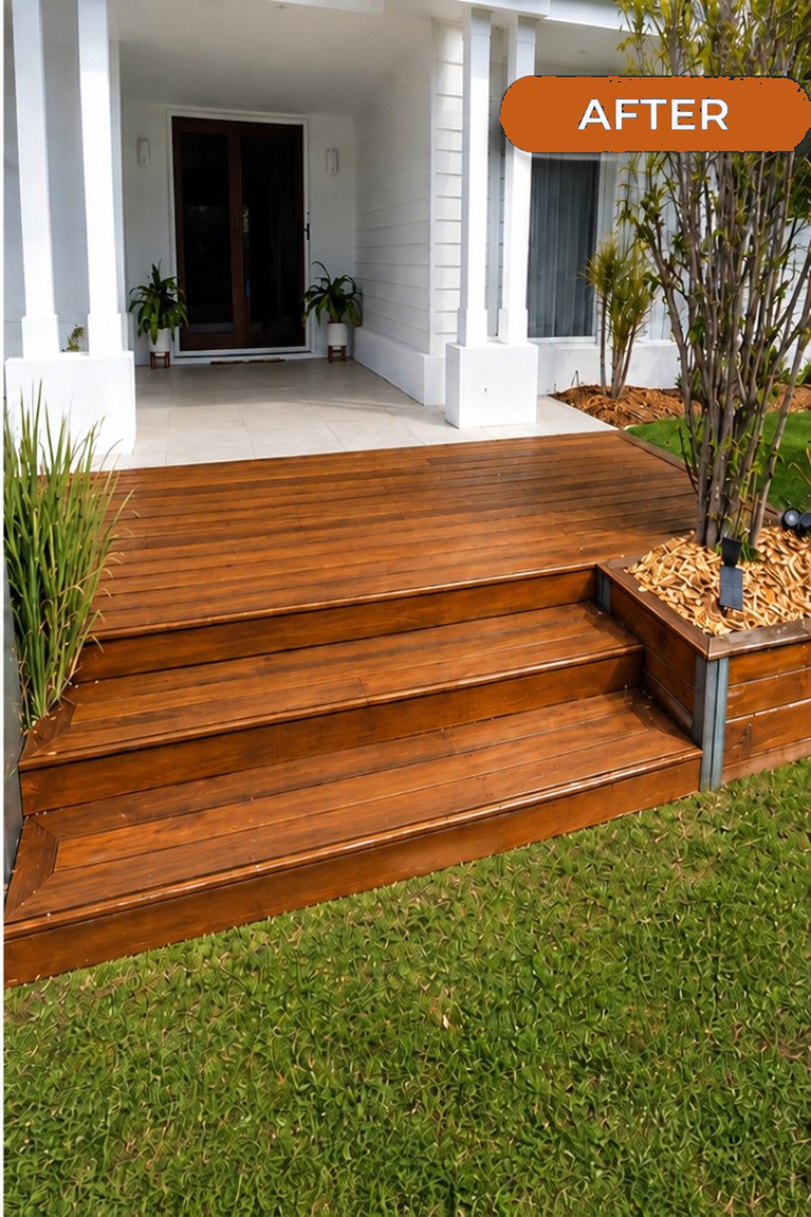 Front deck after sanding, staining and sealing