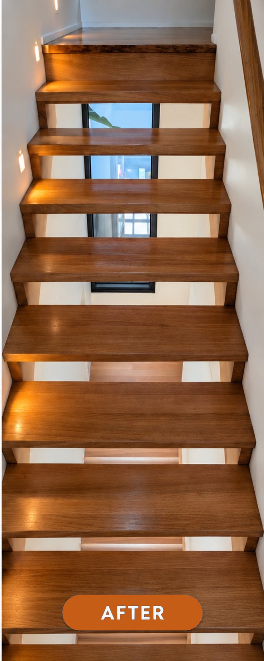 Open riser staircase after sanding and polishing