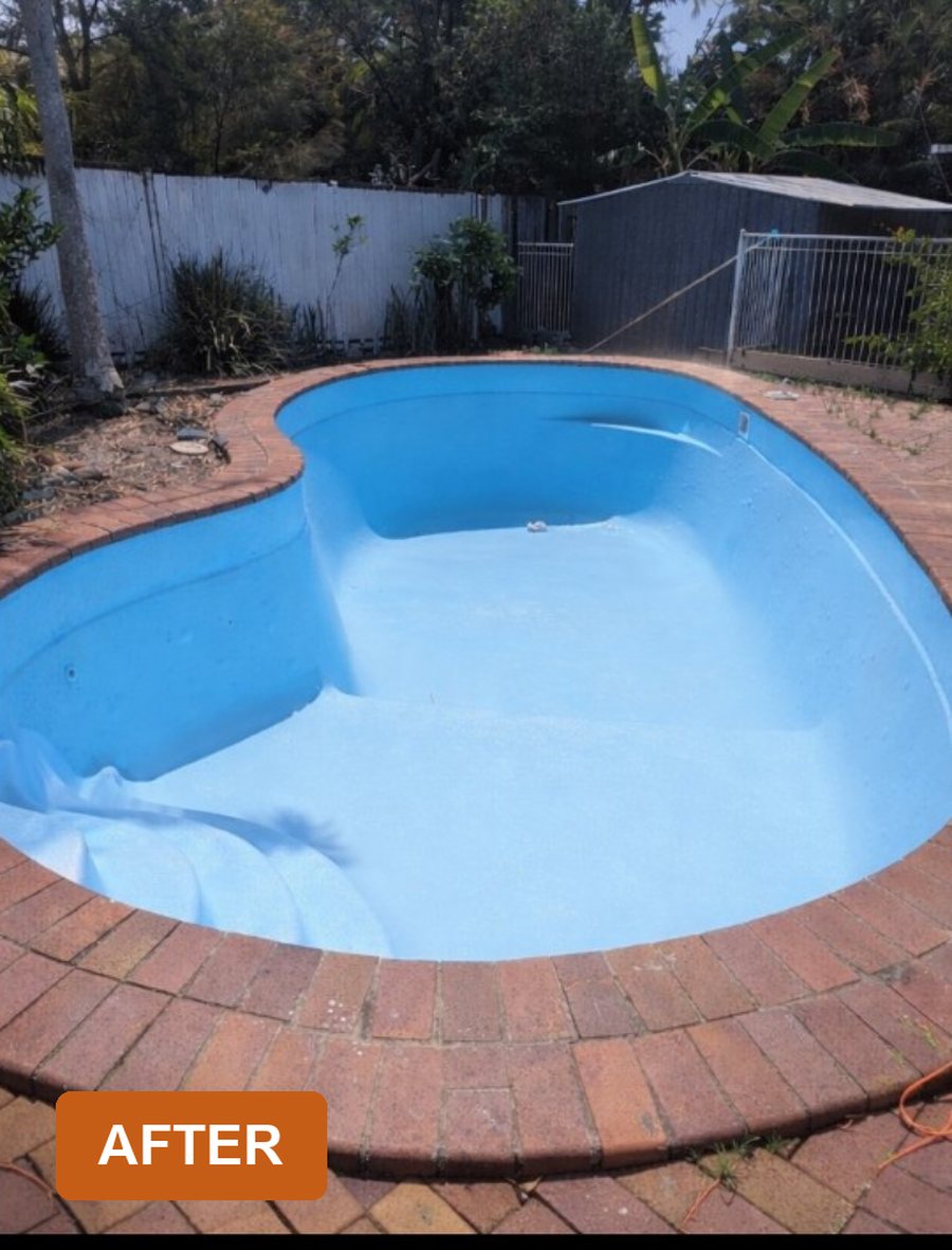 Pool after restoration, resurfaced and refilled